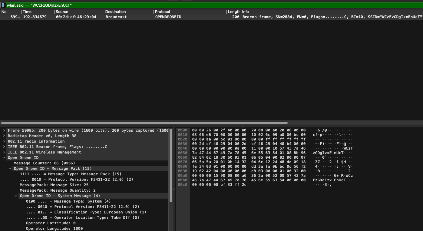 Wireshark displaying Remote ID packet details